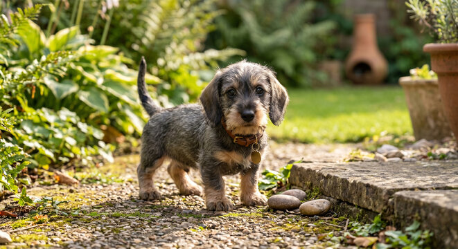 Wirehaired dachshund puppy in garden