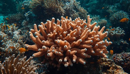 Obraz premium Underwater coral reef with tropical fish and vibrant marine life, colorful corals and anemones in deep ocean ecosystem