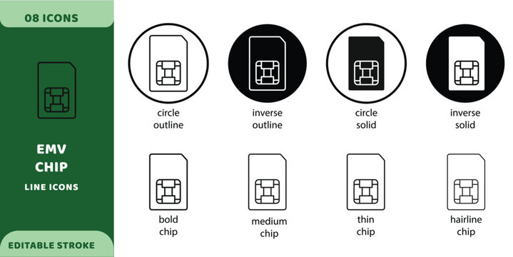 Smart card EMV chip vector icons. Electronic microchip credit card vector signs set. Sim card icon.