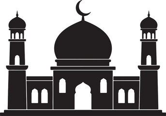 Black and white minimalist mosque silhouette with dome and crescent moon also transparent background © MeJaMa