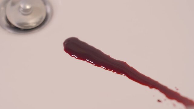 A sink with blood slowly trickling down from outside the frame, symbolizing injury, discomfort, a nosebleed, or an accident.