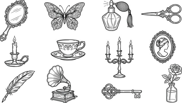 Set of vintage antique objects and accessories, handdrawn sketch style transparent background