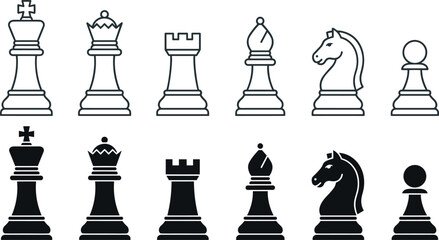 Standard chess pieces vector icon set featuring black solid and white outline silhouettes of king queen rook bishop knight and pawn elements. © belal