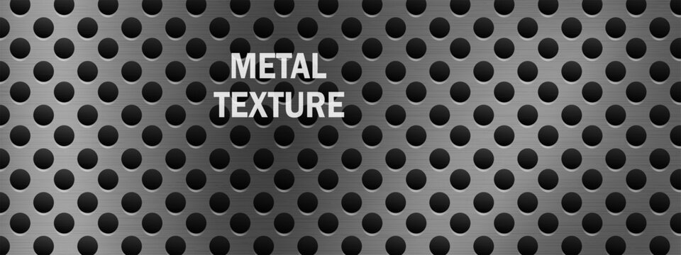 Perforated background pattern and plate texture black with mesh hole grate. Metal pegboard abstract and grid dot carbon with realistic chrome peg. Grill plate texture and circle perforated.