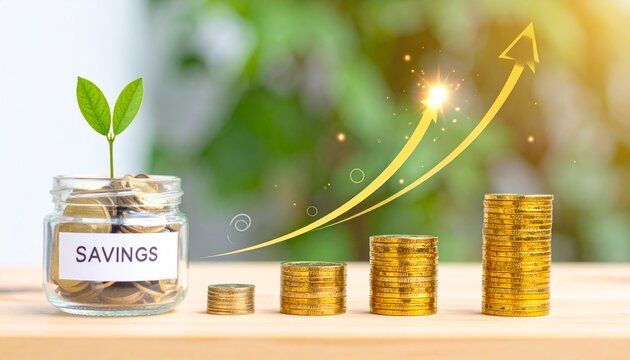 Glass Savings Jar with Growing Plant Next to Rising Stacks of Gold Coins and an Upward Arrow