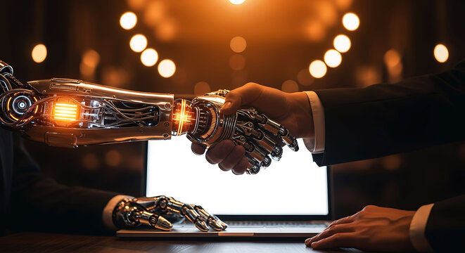Robot and human shaking hands in business deal AI cooperation technology concept