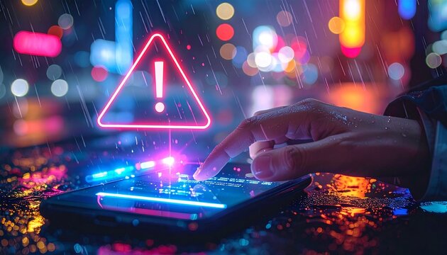 Hand Holding Smartphone on a Rainy Night Street with a Glowing Neon Warning Sign