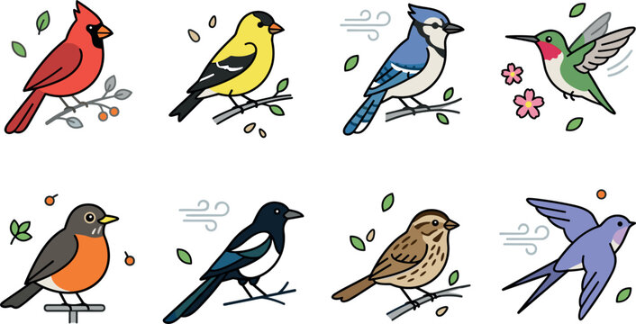 North American backyard birds vector icon set featuring cardinal goldfinch blue jay hummingbird robin magpie sparrow and swallow cartoon illustrations.