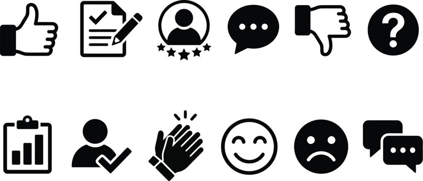 Black icons for feedback ratings and user interactions on a white background