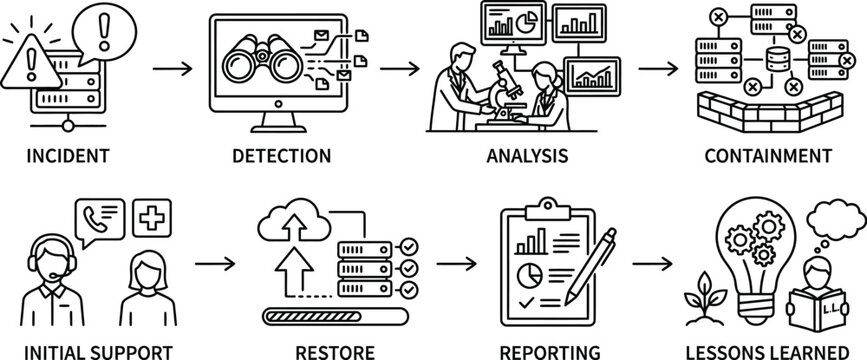 Cybersecurity incident response workflow detection analysis containment and recovery process illustration