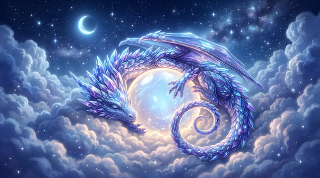 Majestic crystal dragon guarding glowing moon orb in night sky, ethereal fantasy creature among clouds, mystical blue dragon art for book covers