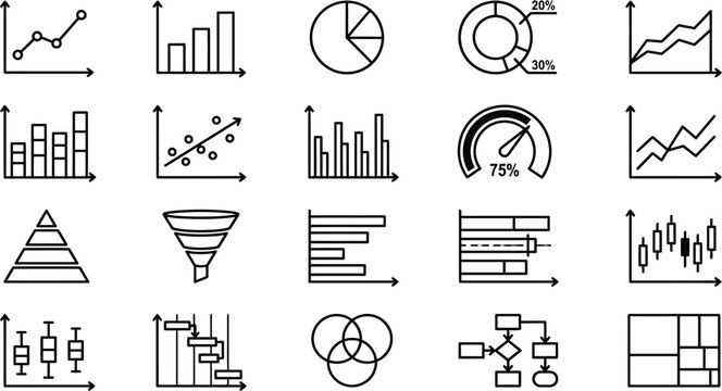 Collection of 20 different types of charts and graphs for data analysis and visualization