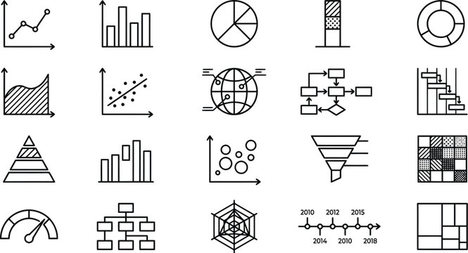 Data analysis icons set line bar pie charts diagrams and statistical graphics collection