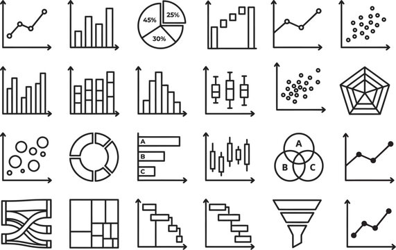 Collection of 20 different types of data visualization charts and graphs