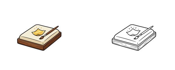 Cartoon illustrations of gold leaf cushion pad and brush in flat colored brown wooden and black line styles used for gilding artwork crafts on white background © Dzianis