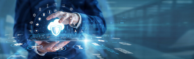 Cyber analyst hands holding tablet monitoring advanced Cloud Security protocols for protected database networks. Threat detection management, encrypted communication system, and safety shield. © CyberFrame