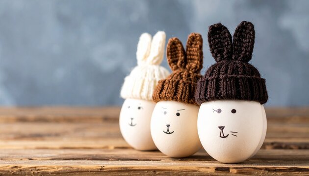 Three Decorated Easter Eggs with Hand-Drawn Faces and Knitted Bunny Ear Hats on a Wooden Stand