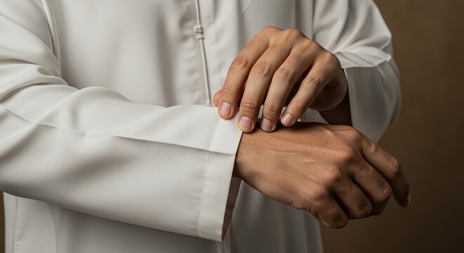 Close up of a man adjusting his white thobe sleeve.