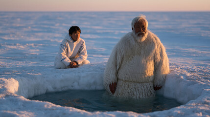 Fototapeta premium Inuit teenager watches grandfather submerge in ice hole cut into frozen lake at dawn, wide establishing shot of desolate frozen tundra, cold exposure longevity, generational