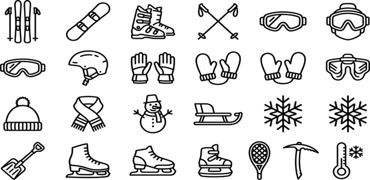 Winter Sports and Snow Activity Icon Set Featuring Skiing Skating Snowboarding Cold Weather and Seasonal Recreation Symbols