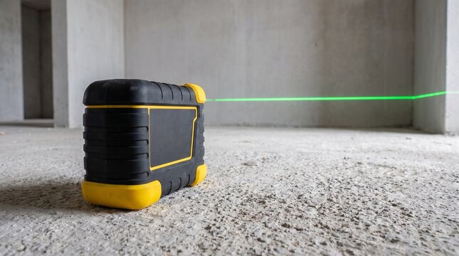 Industrial cross line laser level projecting green beam on concrete wall, modern construction trade tools, professional photography