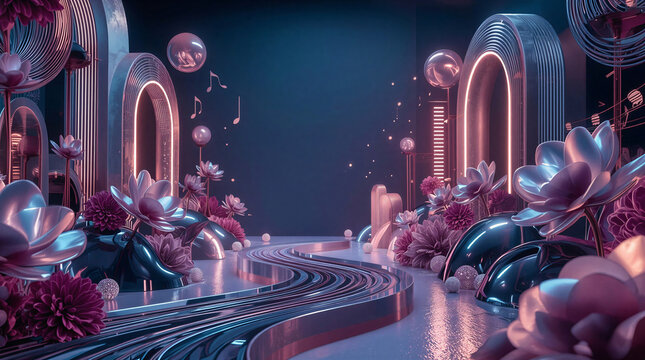 Cyberpunk neon stage backdrop with music notes and metallic flowers for nightclub DJ party background