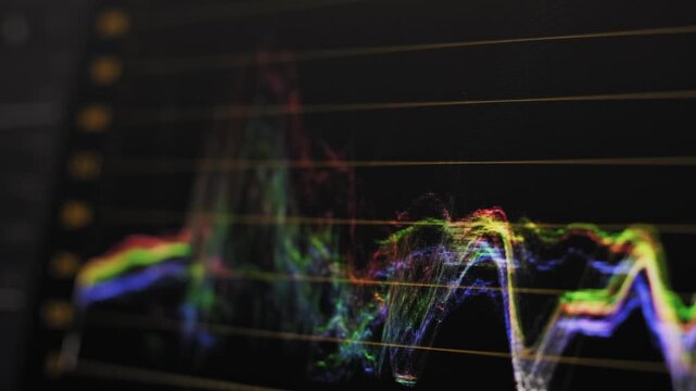 Extreme macro close-up of an RGB parade waveform monitor analyzing luma and chroma data. The visible pixel structure emphasizes the digital nature of modern color grading.