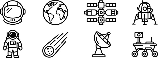 Space exploration icon set astronauts planets space stations and rovers in linear style © MDSAIFUL
