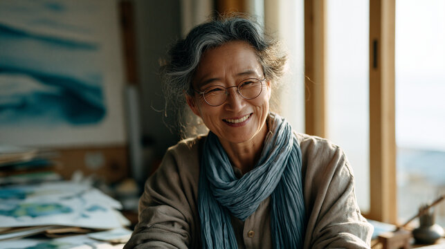 Korean woman relearning to draw in her forties, seated at a messy creative desk with obvious beginner work around her, laughing at something she has just made, the joy of process