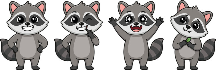 Cute raccoon cartoon character set featuring happy expressions smiling winking celebrating with starry eyes and holding leaf vector illustration elements. © belal