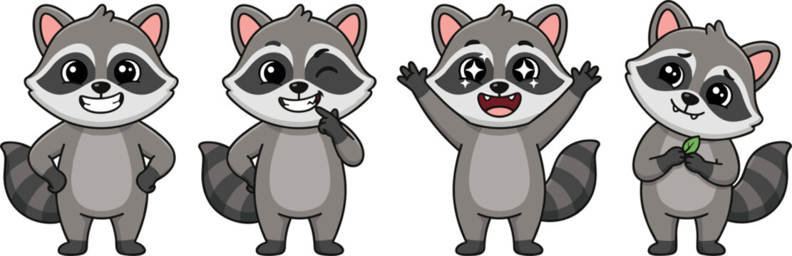 Cute raccoon cartoon character set featuring happy expressions smiling winking celebrating with starry eyes and holding leaf vector illustration elements.