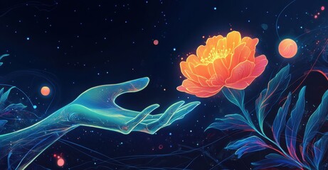 Fototapeta premium Vivid Digital Art of a Hand Reaching for a Radiant Blossom