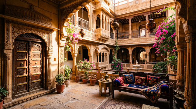 Luxurious Indian haveli courtyard featuring carved wooden doors, sandstone arches, balcony details, colorful cushions, potted plants and warm heritage architecture.