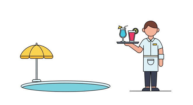 Waiter serving cocktails by the pool with umbrella, vacation concept