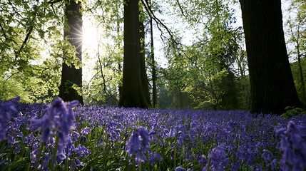 Vibrant Bluebell Carpet in Woodland Setting with Sunlight Rays, a Serene and Beautiful Forest Floor Landscape with Ancient Trees and Lush Foliage
