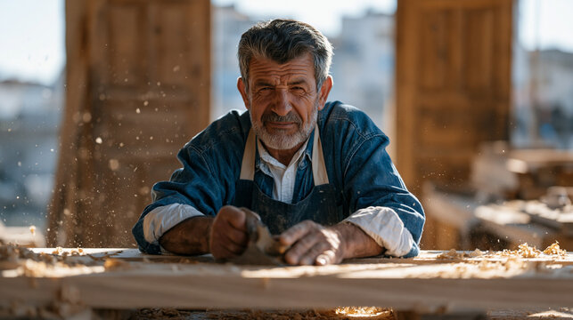 Candid unposed moment of a middle-aged Turkish carpenter planing a hardwood beam in an open workshop doorway, sawdust drifting in a shaft of afternoon light, evoking skilled