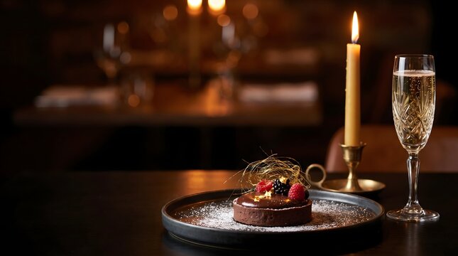 Romantic gourmet dinner setup for two with candle