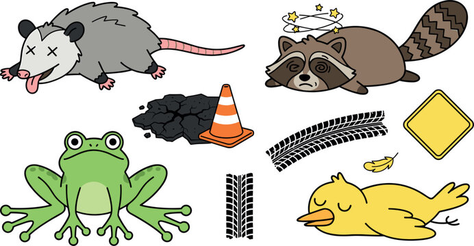 Roadkill cartoon vector element set featuring dead opossum dizzy raccoon flat frog sleeping bird tire tracks and traffic cone safety illustration.