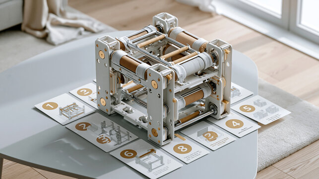 Numbered step-by-step instruction layout showing eight sequential actions for assembling flat-pack furniture, isometric icons beside each step, shallow depth selective focus on