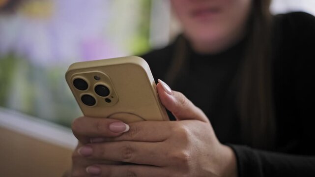 Close-up of a woman holding a modern smartphone in a yellow case with the triple camera visible. Her manicured hands scroll the screen to browse online content.