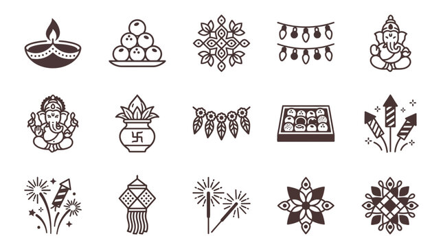 Diwali Icons: Ganesha, Diyas, Sweets, Firecrackers, Rangoli & Lights