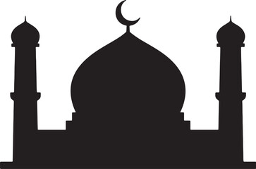 Minimalist black mosque silhouette with crescent moon and twin minarets also transparent background © MeJaMa