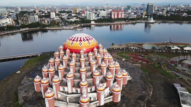 Aerial View of 99 Domes Mosque Landmark in Makassar Indonesia