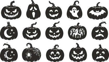 Obraz premium Halloween Pumpkin Silhouette Bundle with Spooky Jack O Lantern Icons, Vector Collection Isolated on White Background