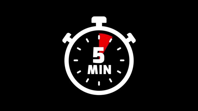 Stopwatch icon with 5 min timer animation. Clock icon with 5 minute timer. 5 minute countdown timer clock icon animation. Timer, clock, stopwatch icon with 5 min timer animation video.