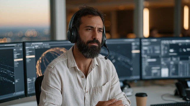 Lebanese telecommunications specialist monitors satellite signal routing dashboard across three curved screens, orbital path visualizations glowing, interplanetary network latency