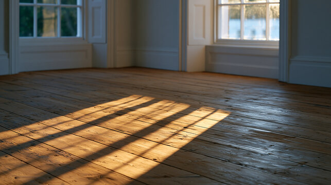 Raking early sunlight enters an unoccupied room through tall casement windows, casting elongated parallelograms across bare floorboards, evoking new beginnings, real estate