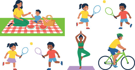 Fototapeta premium Active family summer recreation vector character set featuring outdoor picnic kids playing badminton yoga training and man riding bicycle graphics
