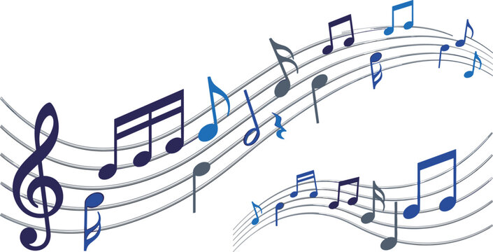 Dynamic blue music notes flowing on grey stave lines vector illustration with treble clef waves and classical melody swirl for musical concert backdrop design