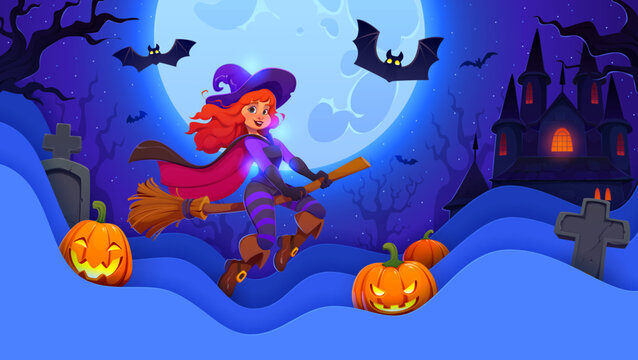 Halloween paper cut greeting card with flying witch and abandoned dark castle. Horror celebration paper cut vector flyer, Autumn season banner. Halloween greeting card with cemetery gravestones
